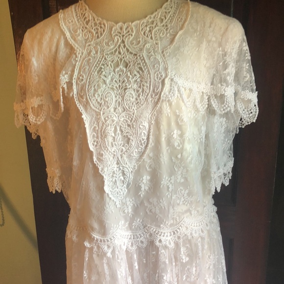 Vintage Jessica McClintock sz 22 lace overlay dress/maxi / white/shoulder pads - Picture 1 of 17